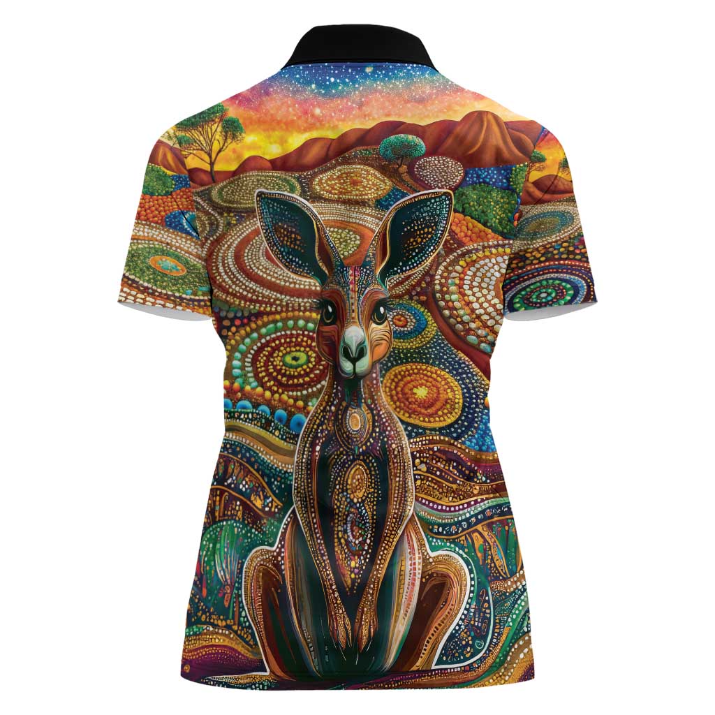 Australian Aboriginal Art Kangaroo Women Polo Shirt Looking Forward Looking Blak Aboriginal Dot Painting