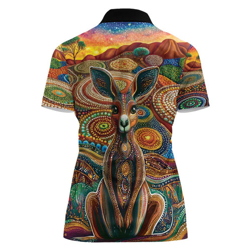 Australian Aboriginal Art Kangaroo Women Polo Shirt Looking Forward Looking Blak Aboriginal Dot Painting