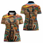 Australian Aboriginal Art Kangaroo Women Polo Shirt Looking Forward Looking Blak Aboriginal Dot Painting