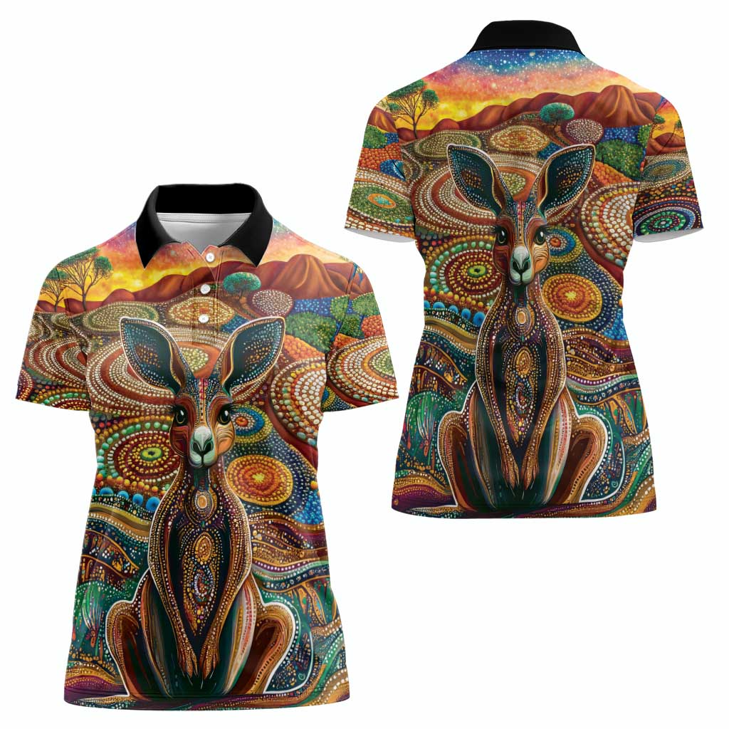 Australian Aboriginal Art Kangaroo Women Polo Shirt Looking Forward Looking Blak Aboriginal Dot Painting