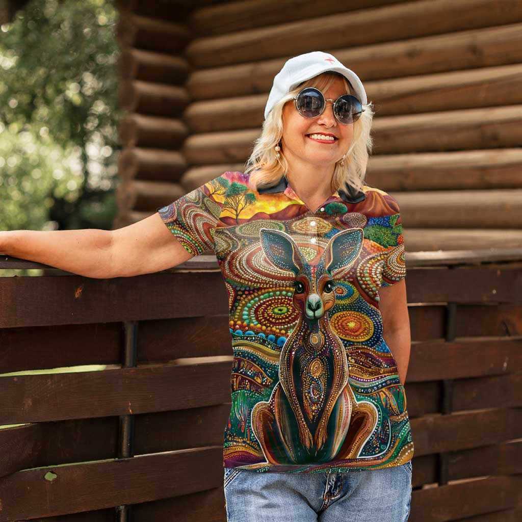 Australian Aboriginal Art Kangaroo Women Polo Shirt Looking Forward Looking Blak Aboriginal Dot Painting