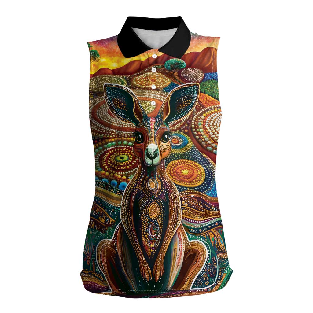 Australian Aboriginal Art Kangaroo Women Sleeveless Polo Shirt Looking Forward Looking Blak Aboriginal Dot Painting