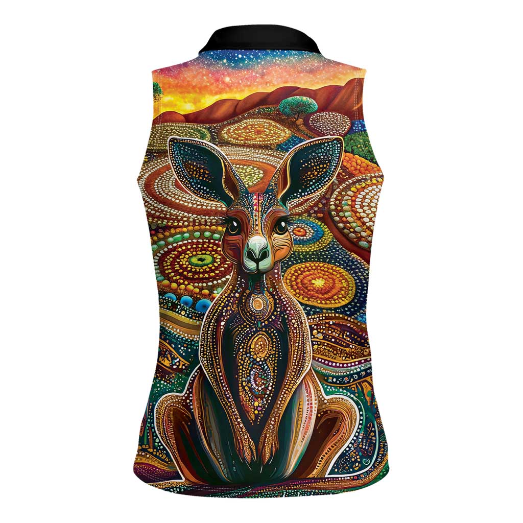 Australian Aboriginal Art Kangaroo Women Sleeveless Polo Shirt Looking Forward Looking Blak Aboriginal Dot Painting