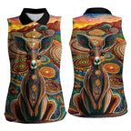 Australian Aboriginal Art Kangaroo Women Sleeveless Polo Shirt Looking Forward Looking Blak Aboriginal Dot Painting