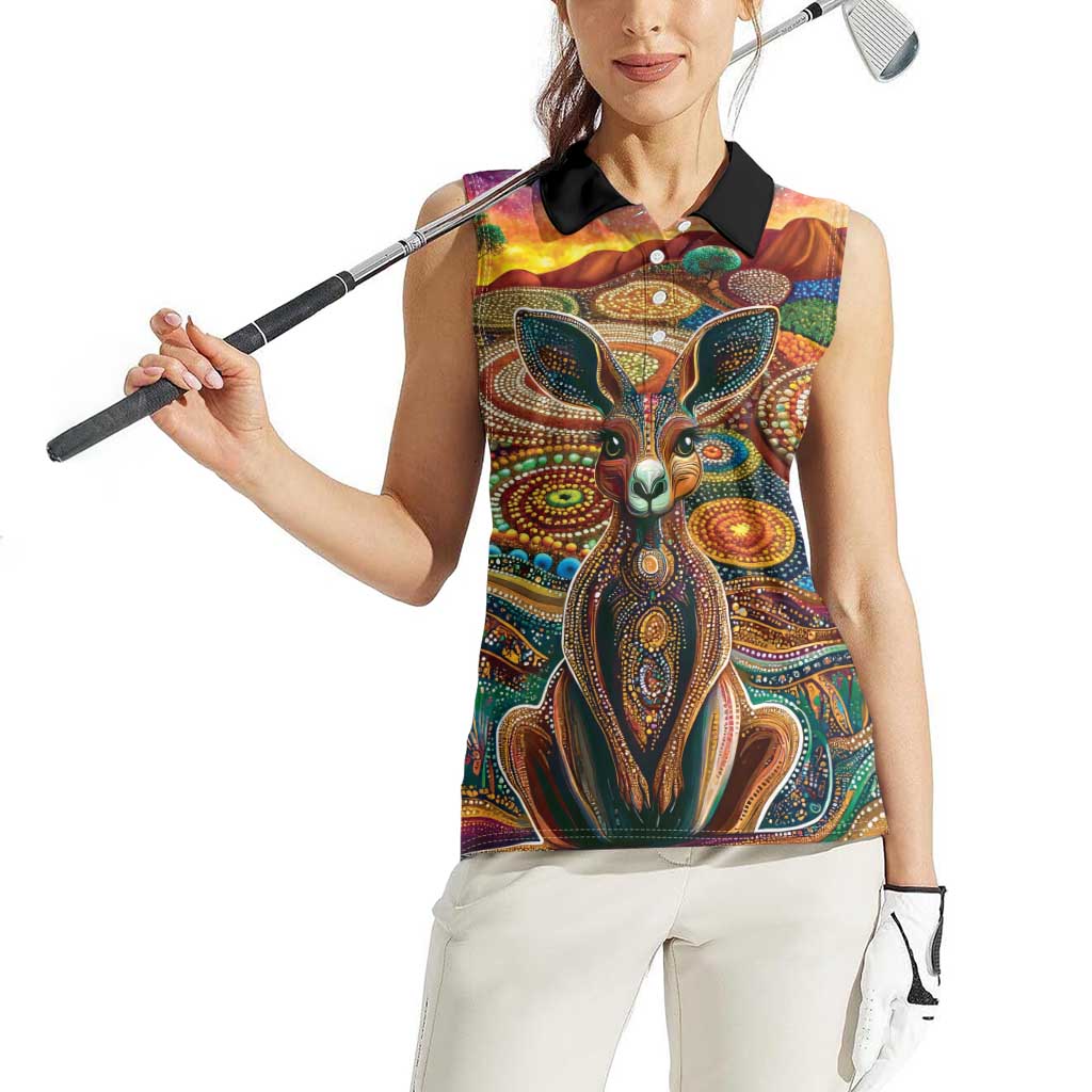 Australian Aboriginal Art Kangaroo Women Sleeveless Polo Shirt Looking Forward Looking Blak Aboriginal Dot Painting
