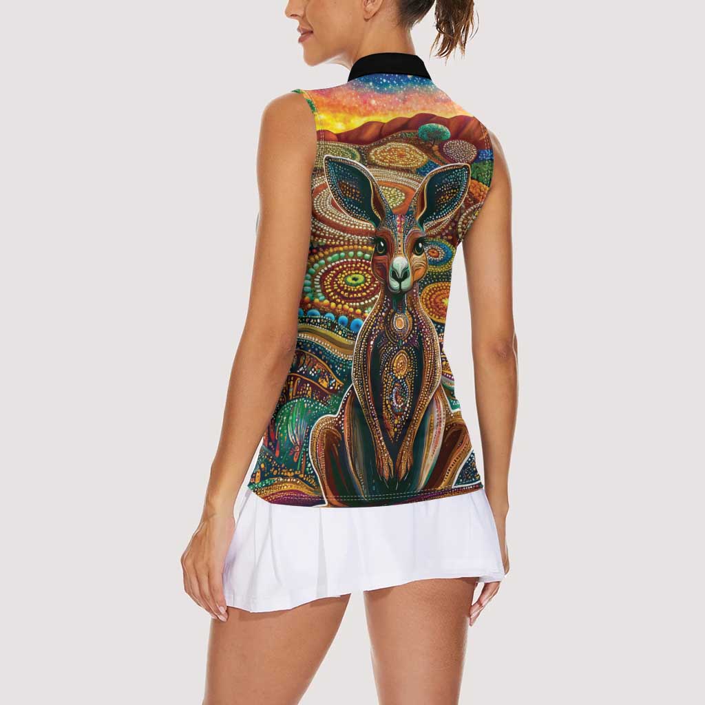 Australian Aboriginal Art Kangaroo Women Sleeveless Polo Shirt Looking Forward Looking Blak Aboriginal Dot Painting