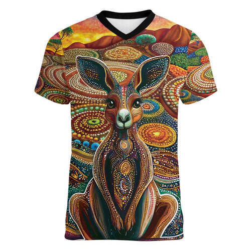 Australian Aboriginal Art Kangaroo Women V-Neck T-Shirt Looking Forward Looking Blak Aboriginal Dot Painting