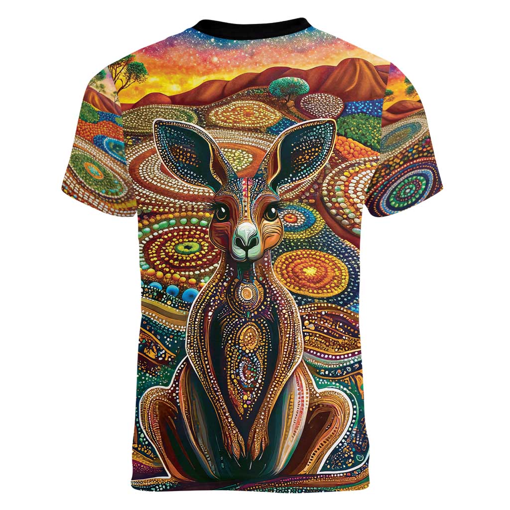 Australian Aboriginal Art Kangaroo Women V-Neck T-Shirt Looking Forward Looking Blak Aboriginal Dot Painting