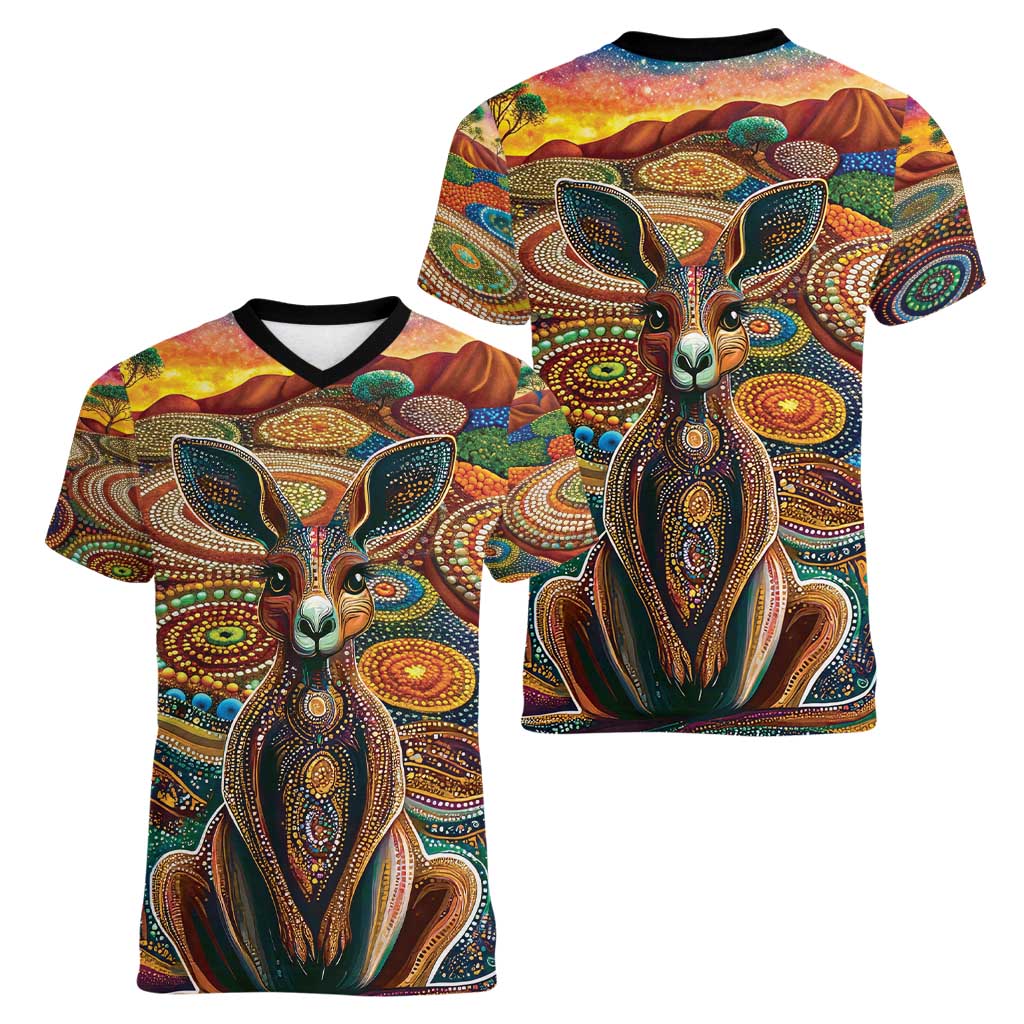 Australian Aboriginal Art Kangaroo Women V-Neck T-Shirt Looking Forward Looking Blak Aboriginal Dot Painting