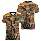 Australian Aboriginal Art Kangaroo Women V-Neck T-Shirt Looking Forward Looking Blak Aboriginal Dot Painting