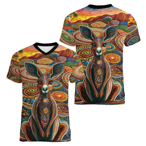 Australian Aboriginal Art Kangaroo Women V-Neck T-Shirt Looking Forward Looking Blak Aboriginal Dot Painting