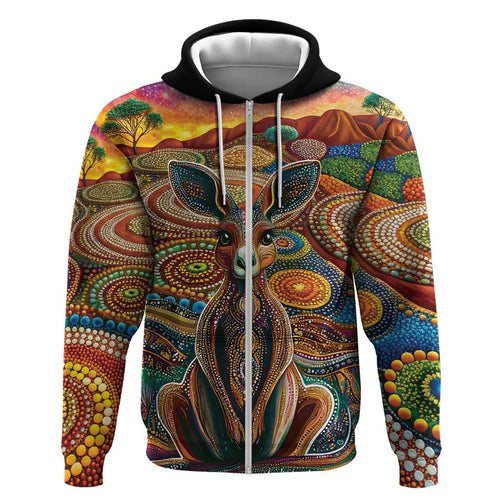 Australian Aboriginal Art Kangaroo Zip Hoodie Looking Forward Looking Blak Aboriginal Dot Painting