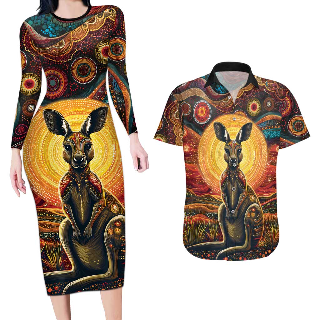 Australian Aboriginal Art Kangaroo Couples Matching Long Sleeve Bodycon Dress and Hawaiian Shirt Maintain the Dreaming Aboriginal Dot Painting