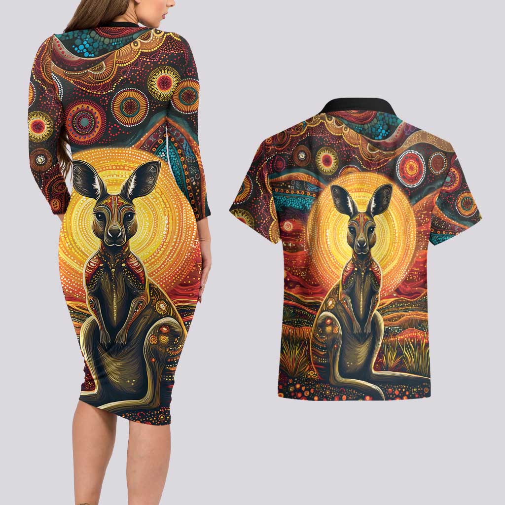 Australian Aboriginal Art Kangaroo Couples Matching Long Sleeve Bodycon Dress and Hawaiian Shirt Maintain the Dreaming Aboriginal Dot Painting