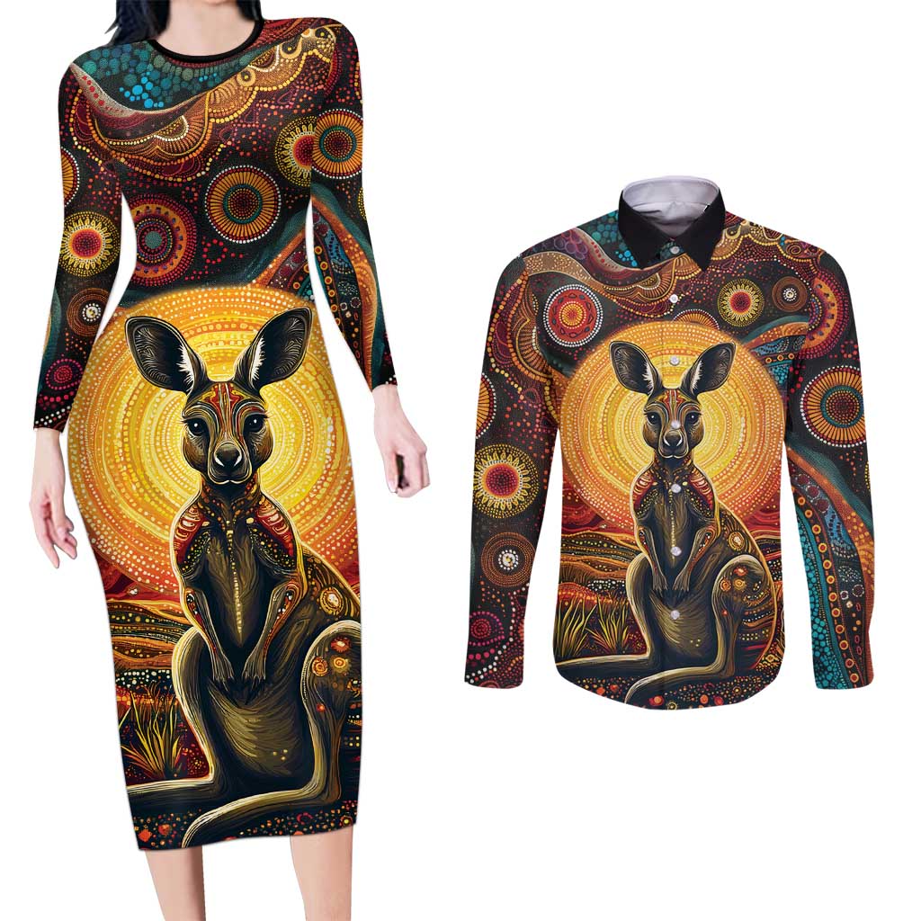 Australian Aboriginal Art Kangaroo Couples Matching Long Sleeve Bodycon Dress and Long Sleeve Button Shirt Maintain the Dreaming Aboriginal Dot Painting