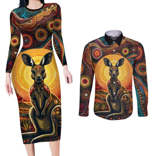 Australian Aboriginal Art Kangaroo Couples Matching Long Sleeve Bodycon Dress and Long Sleeve Button Shirt Maintain the Dreaming Aboriginal Dot Painting