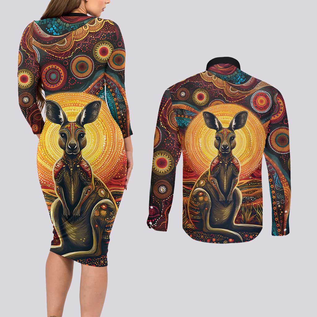 Australian Aboriginal Art Kangaroo Couples Matching Long Sleeve Bodycon Dress and Long Sleeve Button Shirt Maintain the Dreaming Aboriginal Dot Painting