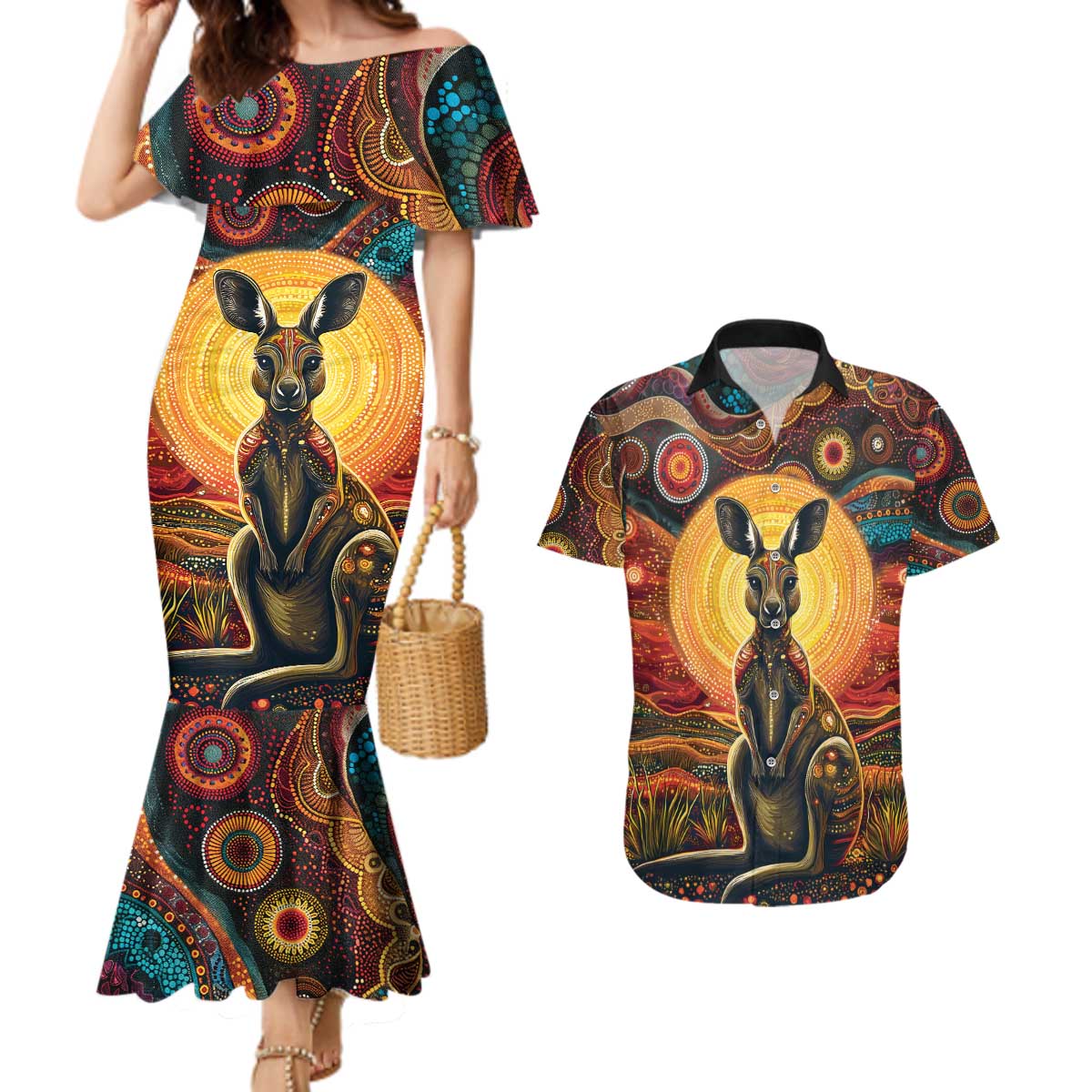 Australian Aboriginal Art Kangaroo Couples Matching Mermaid Dress and Hawaiian Shirt Maintain the Dreaming Aboriginal Dot Painting