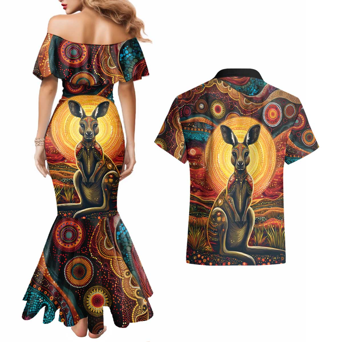 Australian Aboriginal Art Kangaroo Couples Matching Mermaid Dress and Hawaiian Shirt Maintain the Dreaming Aboriginal Dot Painting