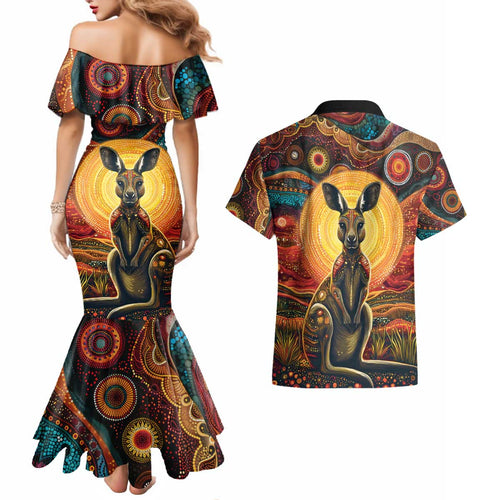 Australian Aboriginal Art Kangaroo Couples Matching Mermaid Dress and Hawaiian Shirt Maintain the Dreaming Aboriginal Dot Painting