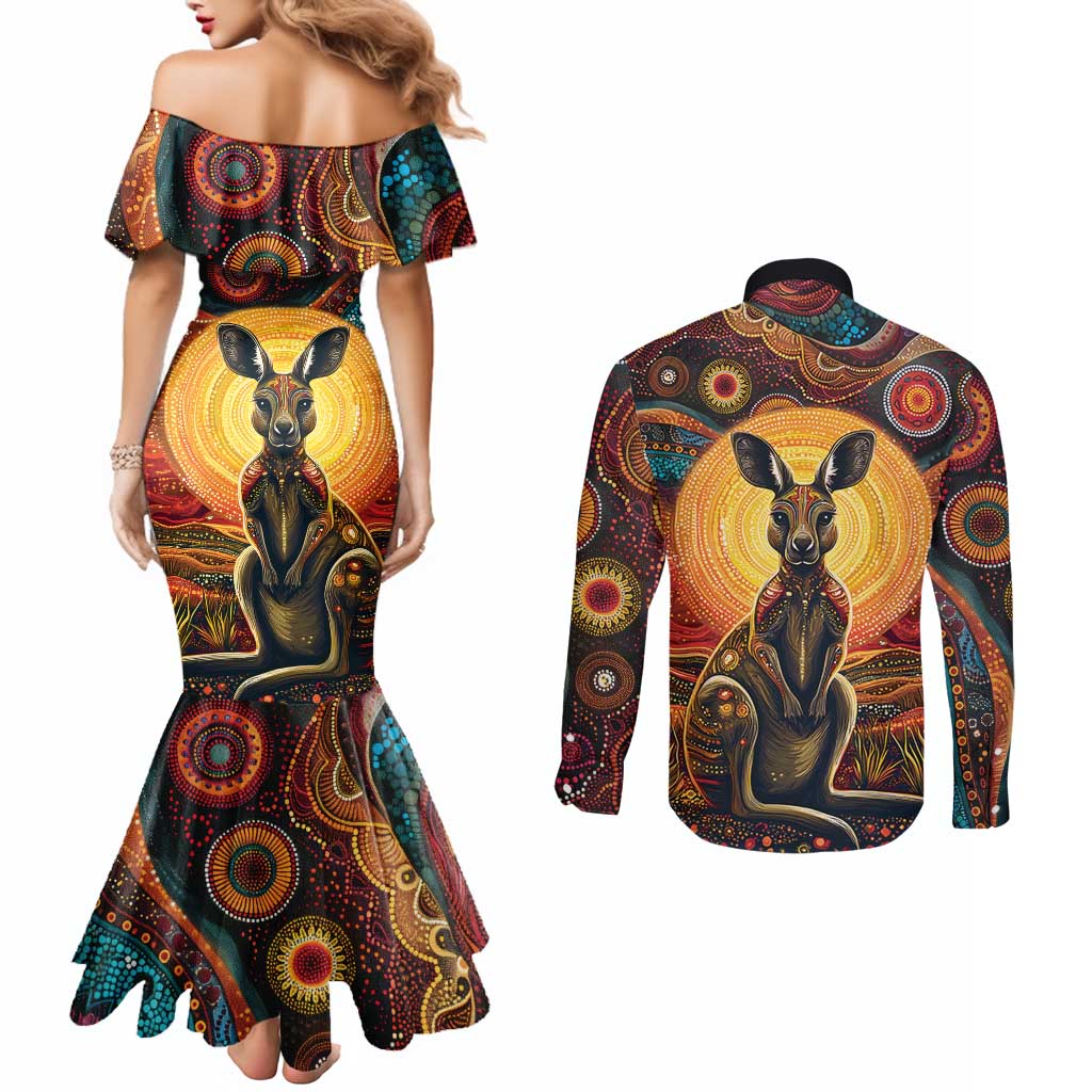 Australian Aboriginal Art Kangaroo Couples Matching Mermaid Dress and Long Sleeve Button Shirt Maintain the Dreaming Aboriginal Dot Painting