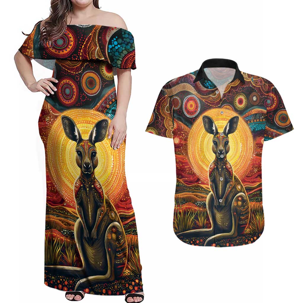 Australian Aboriginal Art Kangaroo Couples Matching Off Shoulder Maxi Dress and Hawaiian Shirt Maintain the Dreaming Aboriginal Dot Painting