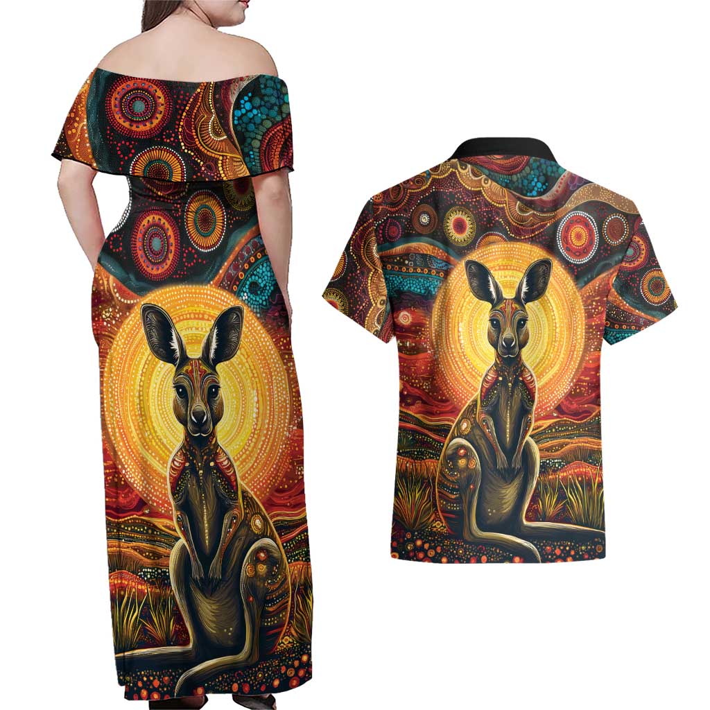 Australian Aboriginal Art Kangaroo Couples Matching Off Shoulder Maxi Dress and Hawaiian Shirt Maintain the Dreaming Aboriginal Dot Painting