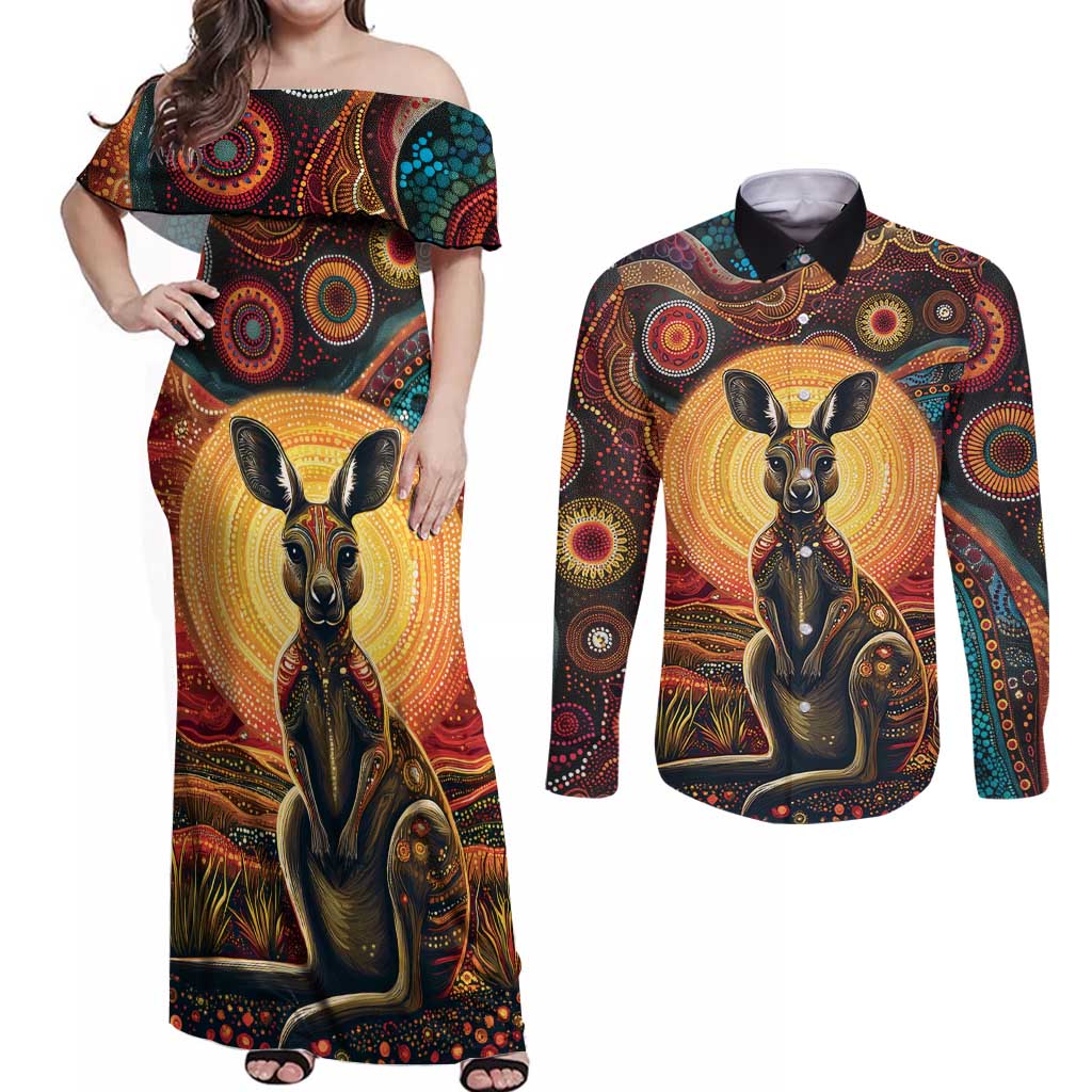 Australian Aboriginal Art Kangaroo Couples Matching Off Shoulder Maxi Dress and Long Sleeve Button Shirt Maintain the Dreaming Aboriginal Dot Painting