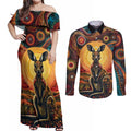 Australian Aboriginal Art Kangaroo Couples Matching Off Shoulder Maxi Dress and Long Sleeve Button Shirt Maintain the Dreaming Aboriginal Dot Painting