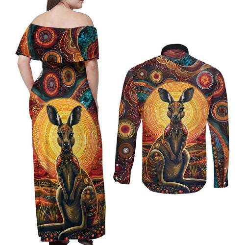 Australian Aboriginal Art Kangaroo Couples Matching Off Shoulder Maxi Dress and Long Sleeve Button Shirt Maintain the Dreaming Aboriginal Dot Painting