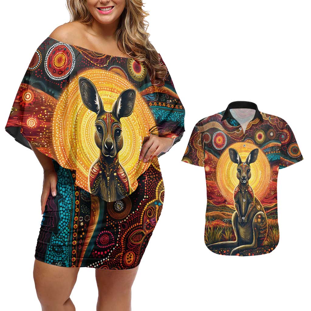 Australian Aboriginal Art Kangaroo Couples Matching Off Shoulder Short Dress and Hawaiian Shirt Maintain the Dreaming Aboriginal Dot Painting
