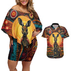Australian Aboriginal Art Kangaroo Couples Matching Off Shoulder Short Dress and Hawaiian Shirt Maintain the Dreaming Aboriginal Dot Painting