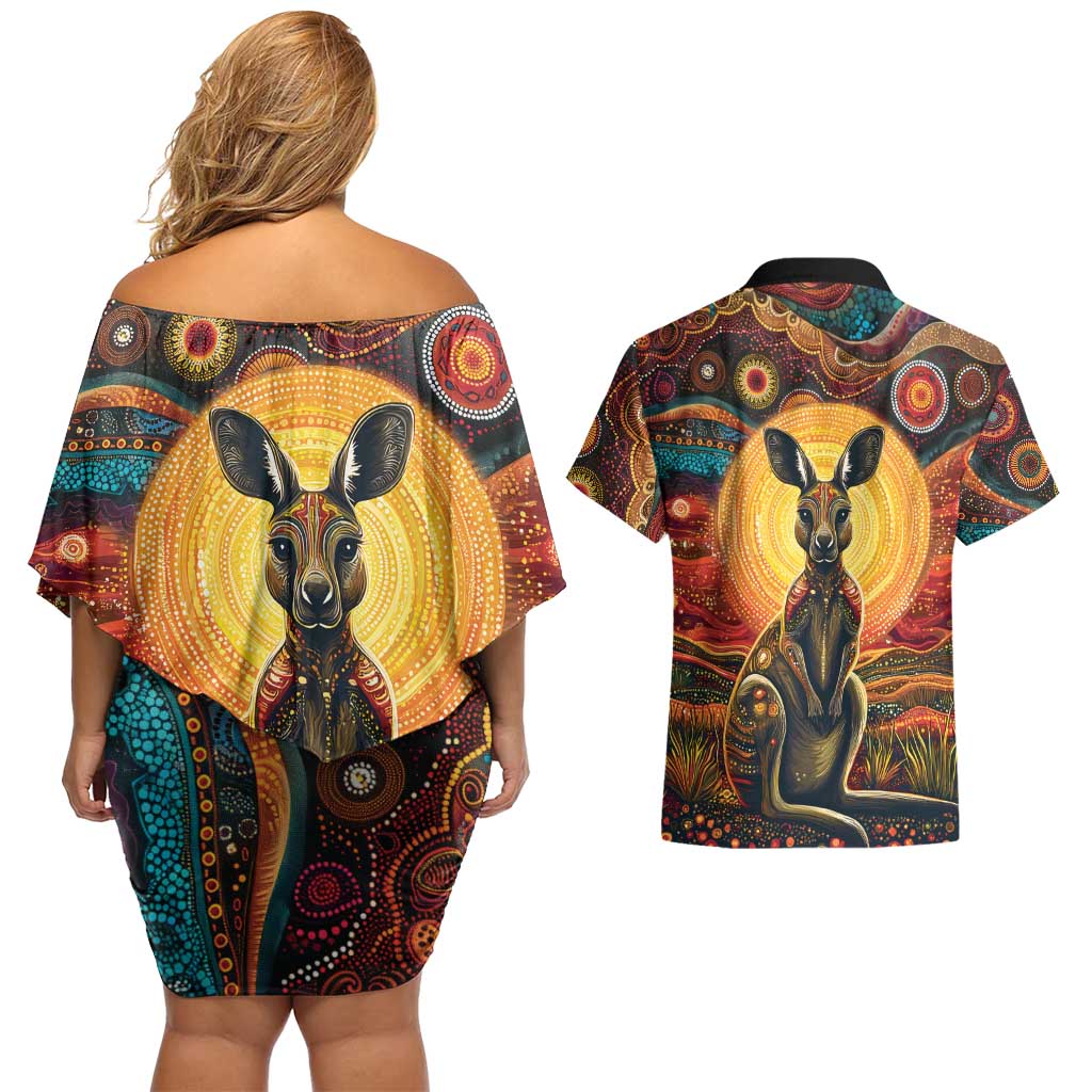 Australian Aboriginal Art Kangaroo Couples Matching Off Shoulder Short Dress and Hawaiian Shirt Maintain the Dreaming Aboriginal Dot Painting