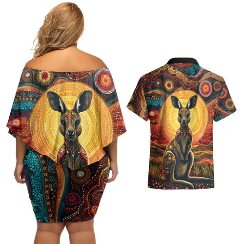 Australian Aboriginal Art Kangaroo Couples Matching Off Shoulder Short Dress and Hawaiian Shirt Maintain the Dreaming Aboriginal Dot Painting