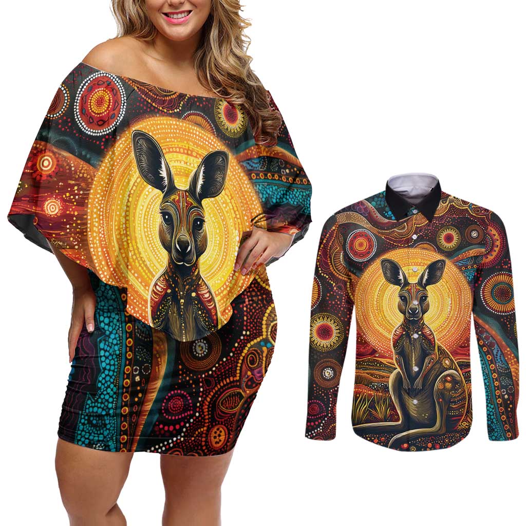 Australian Aboriginal Art Kangaroo Couples Matching Off Shoulder Short Dress and Long Sleeve Button Shirt Maintain the Dreaming Aboriginal Dot Painting