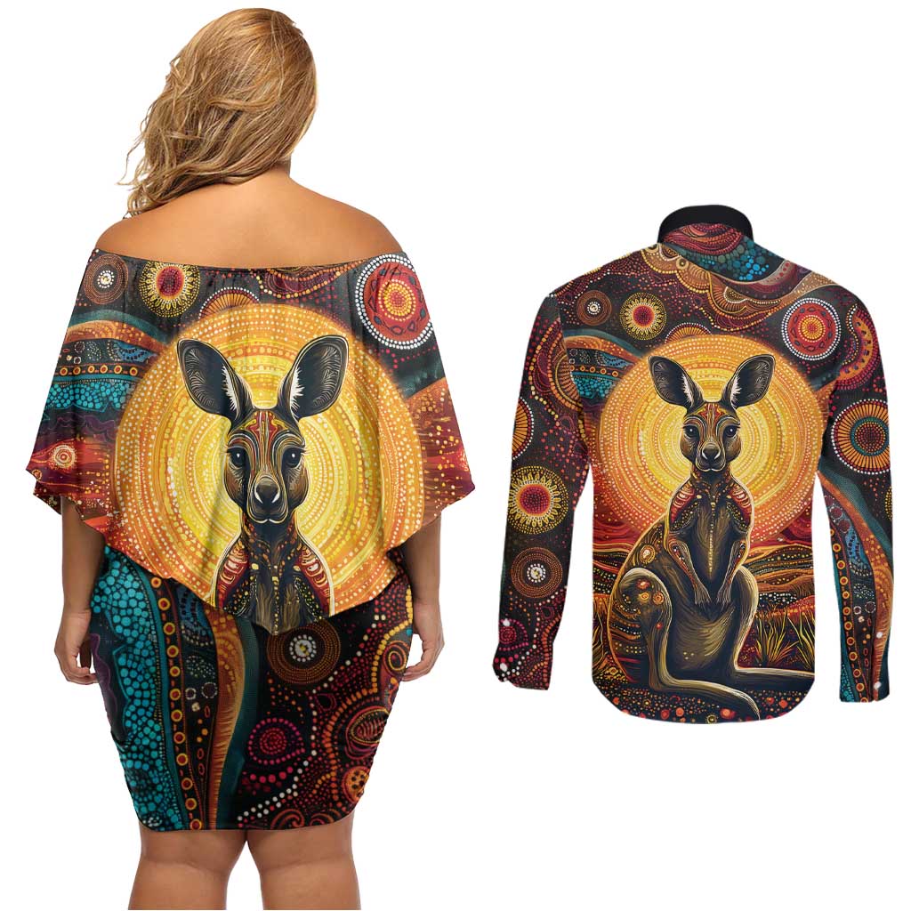 Australian Aboriginal Art Kangaroo Couples Matching Off Shoulder Short Dress and Long Sleeve Button Shirt Maintain the Dreaming Aboriginal Dot Painting