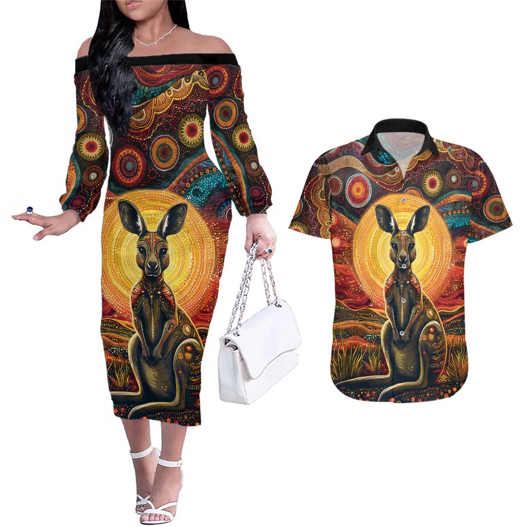 Australian Aboriginal Art Kangaroo Couples Matching Off The Shoulder Long Sleeve Dress and Hawaiian Shirt Maintain the Dreaming Aboriginal Dot Painting