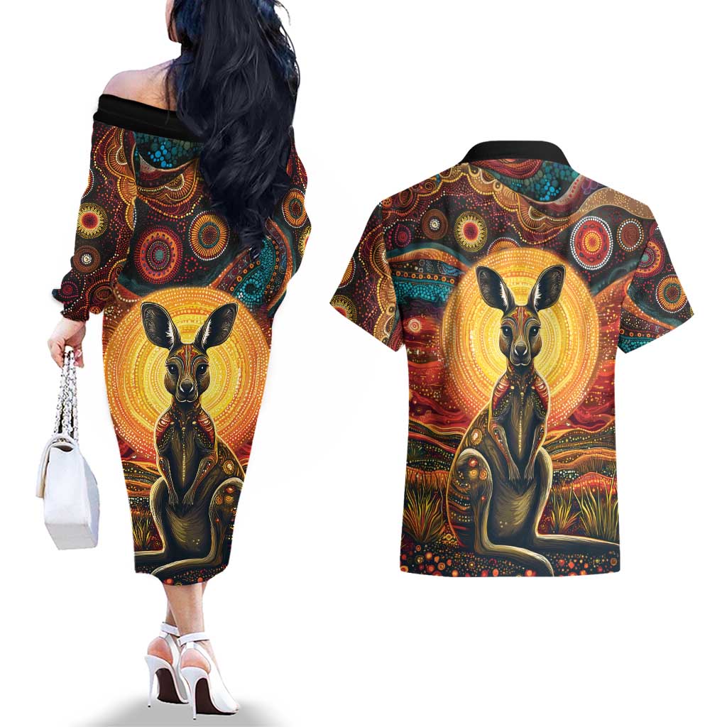 Australian Aboriginal Art Kangaroo Couples Matching Off The Shoulder Long Sleeve Dress and Hawaiian Shirt Maintain the Dreaming Aboriginal Dot Painting