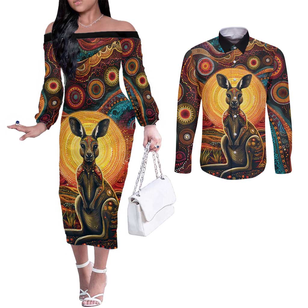 Australian Aboriginal Art Kangaroo Couples Matching Off The Shoulder Long Sleeve Dress and Long Sleeve Button Shirt Maintain the Dreaming Aboriginal Dot Painting