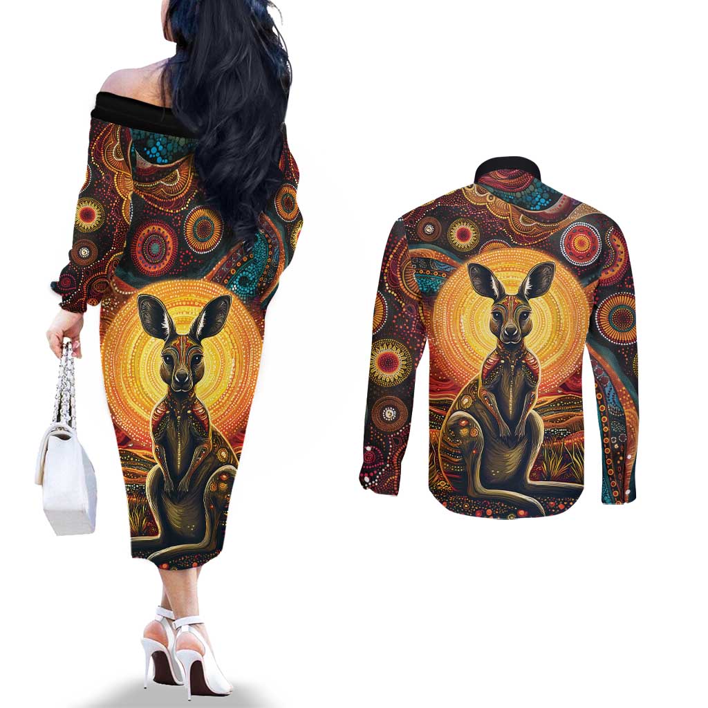 Australian Aboriginal Art Kangaroo Couples Matching Off The Shoulder Long Sleeve Dress and Long Sleeve Button Shirt Maintain the Dreaming Aboriginal Dot Painting
