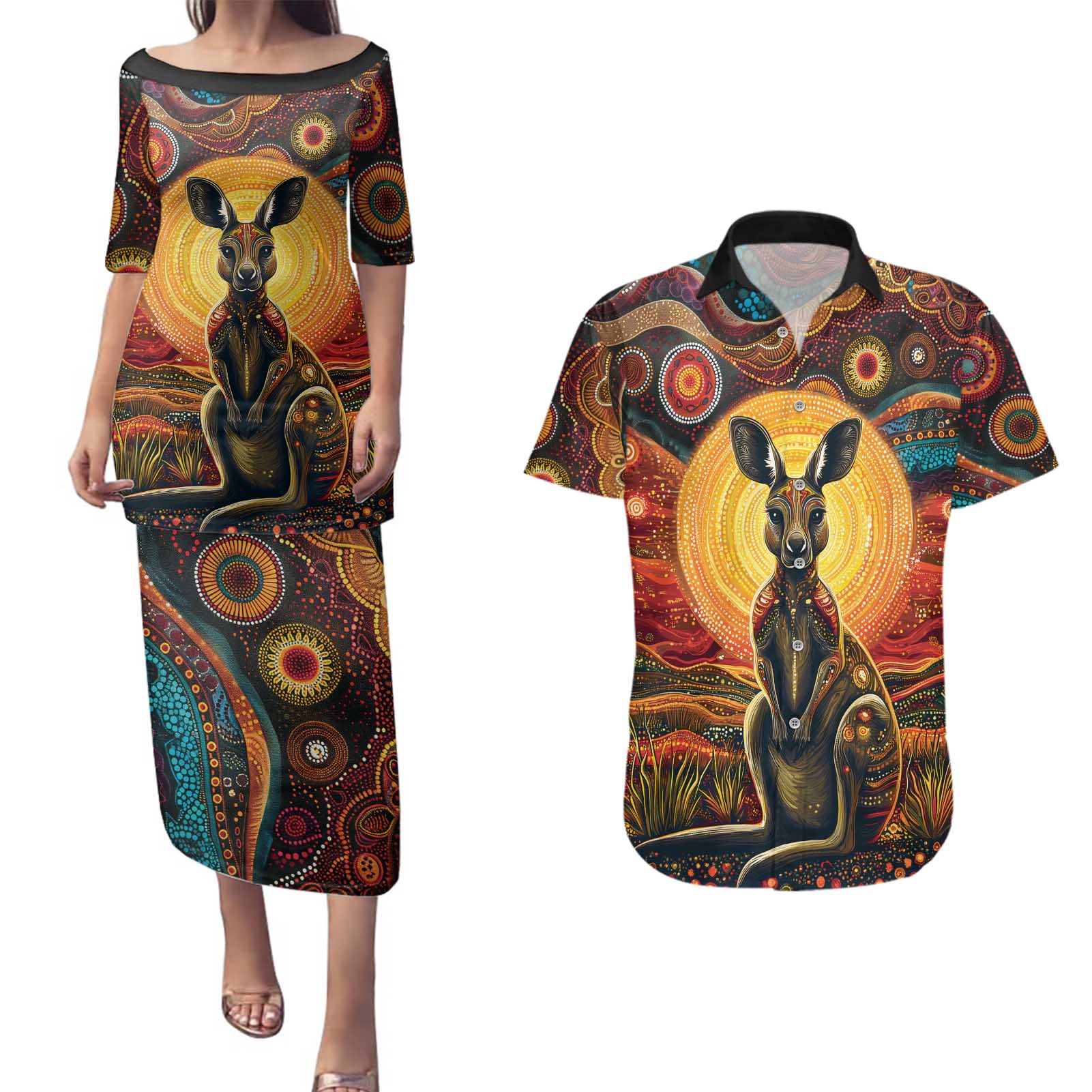 Australian Aboriginal Art Kangaroo Couples Matching Puletasi and Hawaiian Shirt Maintain the Dreaming Aboriginal Dot Painting