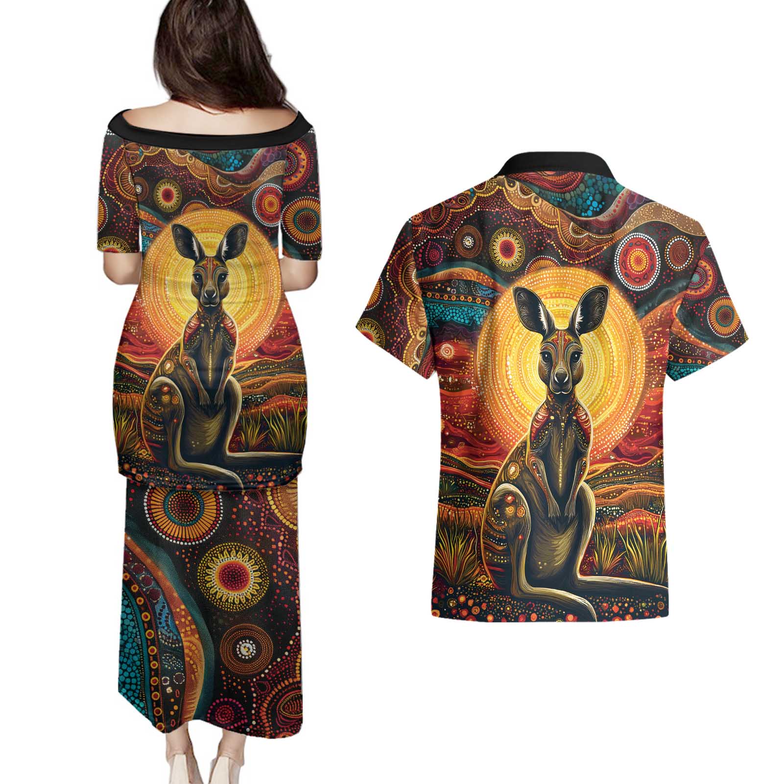 Australian Aboriginal Art Kangaroo Couples Matching Puletasi and Hawaiian Shirt Maintain the Dreaming Aboriginal Dot Painting