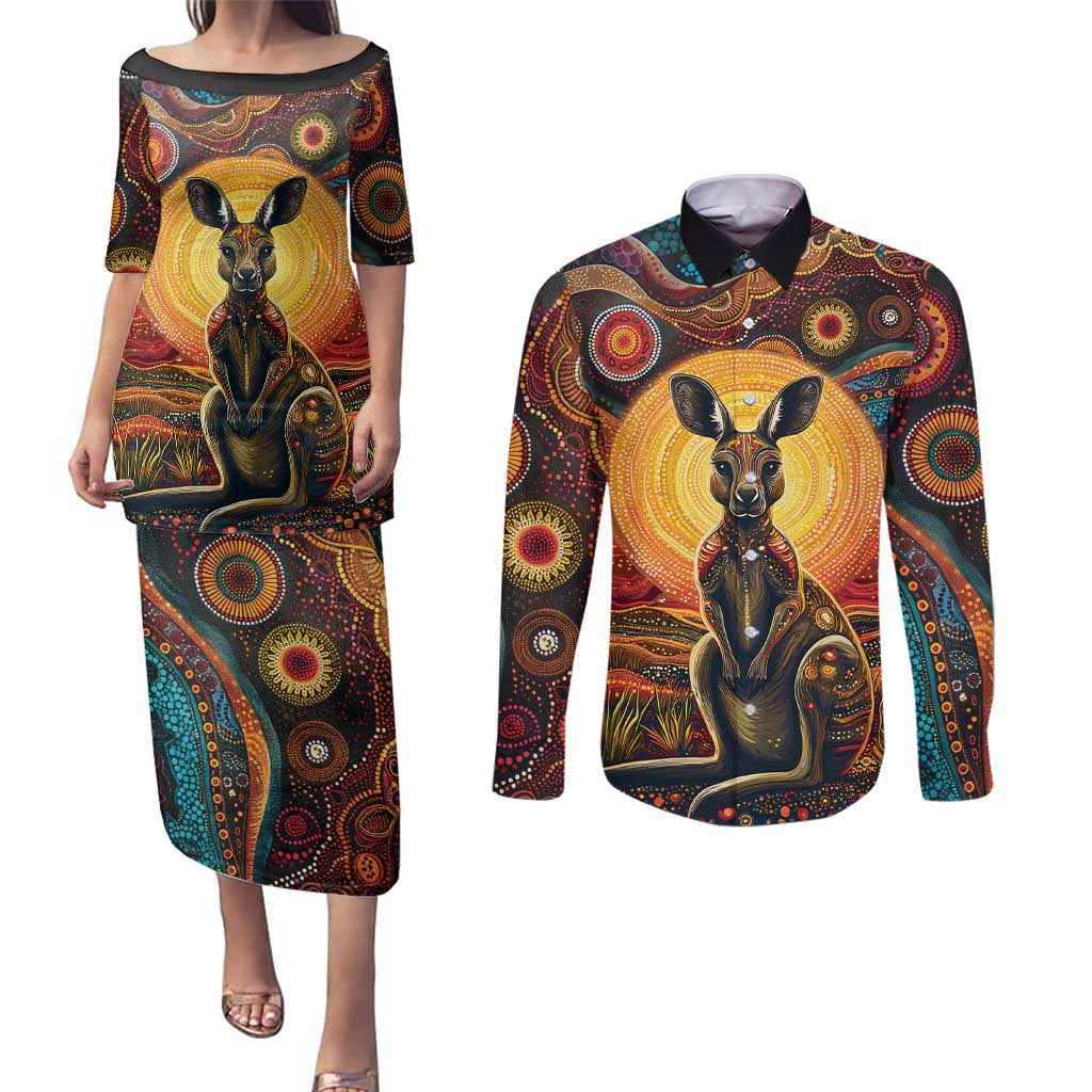 Australian Aboriginal Art Kangaroo Couples Matching Puletasi and Long Sleeve Button Shirt Maintain the Dreaming Aboriginal Dot Painting