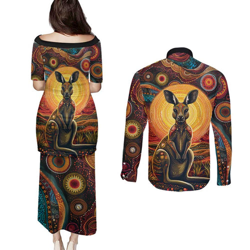 Australian Aboriginal Art Kangaroo Couples Matching Puletasi and Long Sleeve Button Shirt Maintain the Dreaming Aboriginal Dot Painting