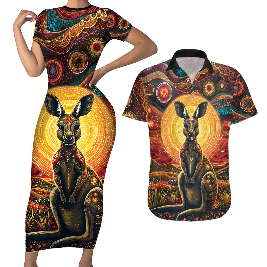 Australian Aboriginal Art Kangaroo Couples Matching Short Sleeve Bodycon Dress and Hawaiian Shirt Maintain the Dreaming Aboriginal Dot Painting