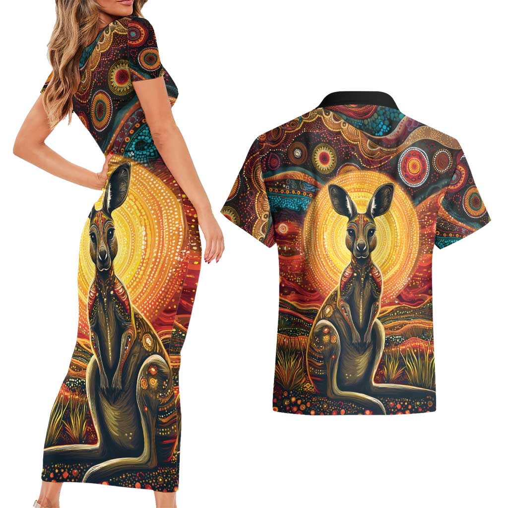 Australian Aboriginal Art Kangaroo Couples Matching Short Sleeve Bodycon Dress and Hawaiian Shirt Maintain the Dreaming Aboriginal Dot Painting