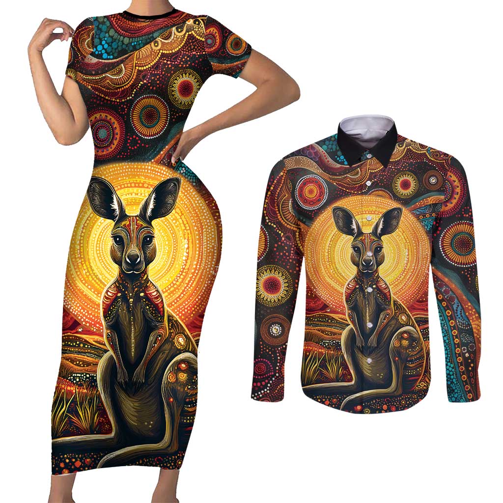 Australian Aboriginal Art Kangaroo Couples Matching Short Sleeve Bodycon Dress and Long Sleeve Button Shirt Maintain the Dreaming Aboriginal Dot Painting