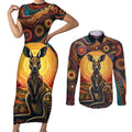Australian Aboriginal Art Kangaroo Couples Matching Short Sleeve Bodycon Dress and Long Sleeve Button Shirt Maintain the Dreaming Aboriginal Dot Painting