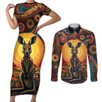 Australian Aboriginal Art Kangaroo Couples Matching Short Sleeve Bodycon Dress and Long Sleeve Button Shirt Maintain the Dreaming Aboriginal Dot Painting