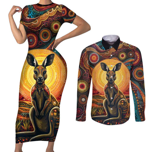 Australian Aboriginal Art Kangaroo Couples Matching Short Sleeve Bodycon Dress and Long Sleeve Button Shirt Maintain the Dreaming Aboriginal Dot Painting